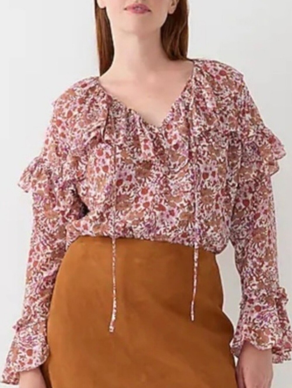 J Crew Ruffle Crinkle Chiffon Floral Blouse Size Large Romantic Coquette Girl